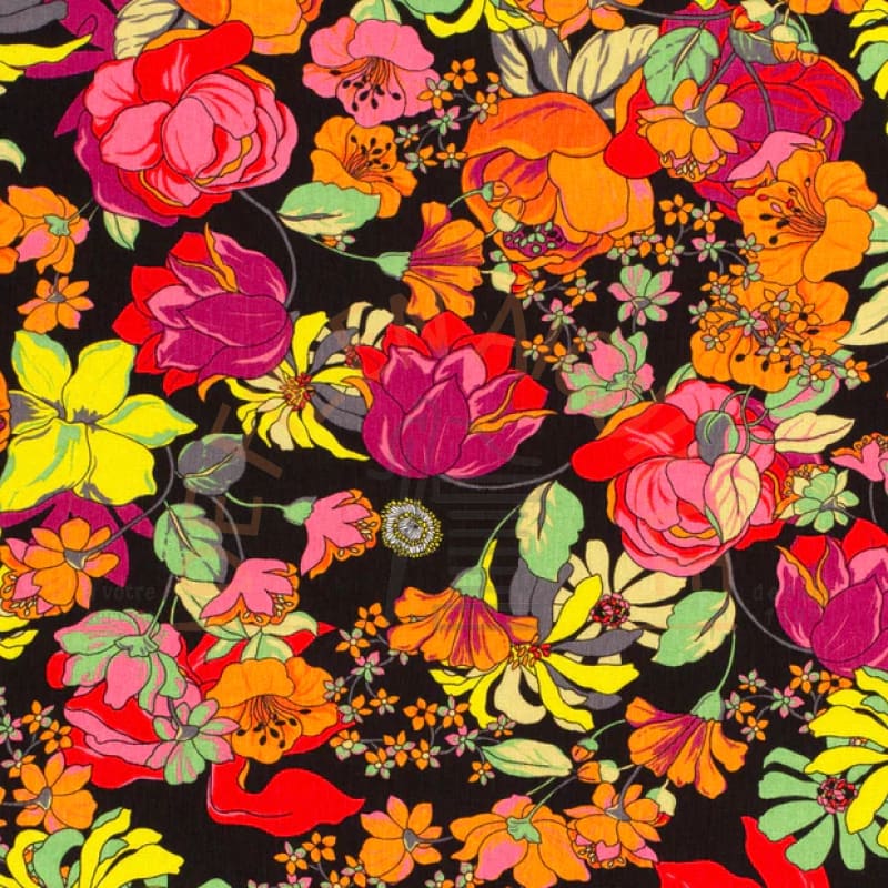 Viscose polyamide grandes fleurs colorées - Noir