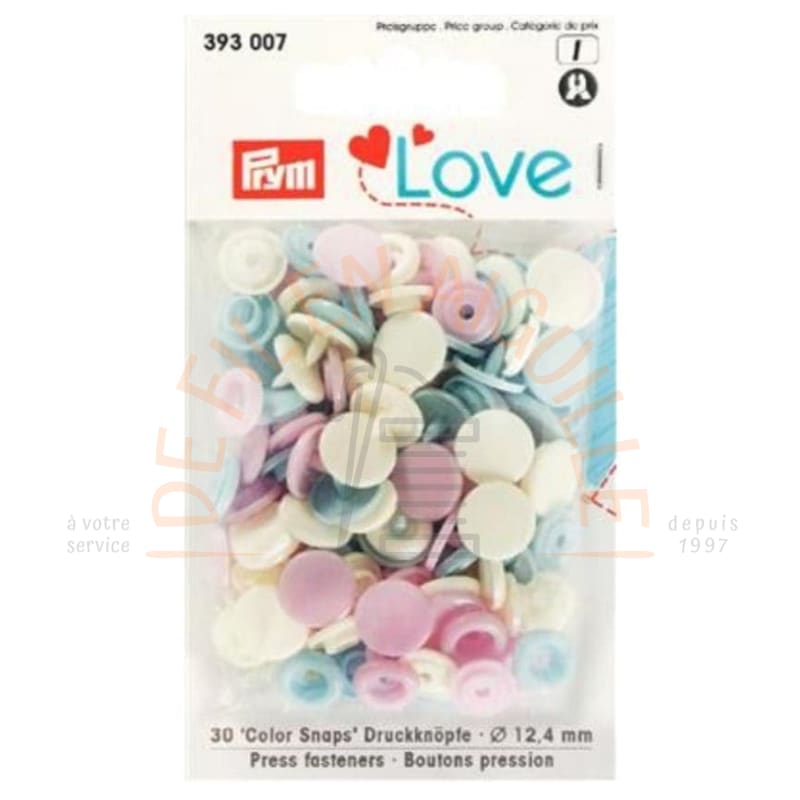 Pressions plastiques PRYM LOVE - Ecru-rose pâle-bleu ciel